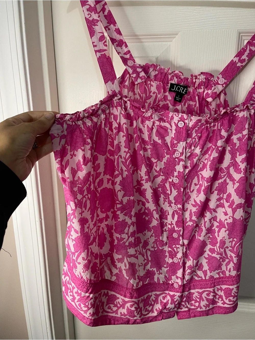J Crew Preppy Pink Button-front Tank Tiny Rosebud Floral Ruffle lightweight LG.